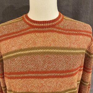 New Henry Jacobson, size Lg, rust ground, multicolor stripe, 100% linen sweater